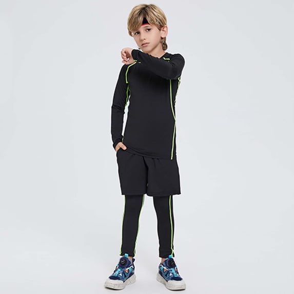 OOOUM Boys Quick Dry Athletic Shirts Kids Compression Long Sleeve Sports Tops Performance Base Layer Training Tees Green 9-10 Years