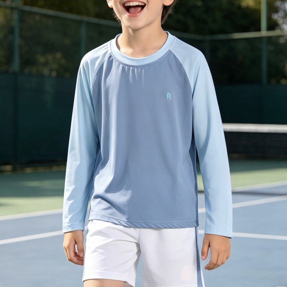 OOOUM Boys Raglan Long Sleeve Athletic Shirts Quick Dry Breathable Summer Tops Lightweight Stretch Training Running Rash Guard Sky Blue 3-4 Years