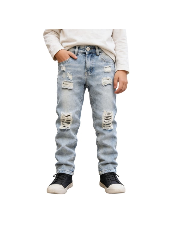 Boys Ripped Jeans Washed Solid Slim Fit Denim Pants With Zipper Vintage Streetwear Trousers 5-6 Years