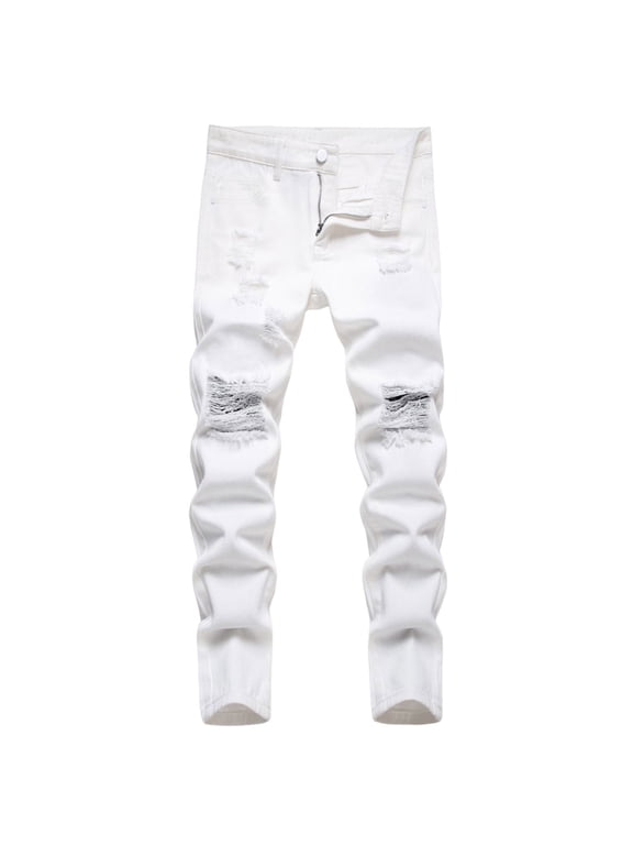 Boys Ripped White Jeans Casual Slim Fit Denim Pants Zipper Fly Distressed Streetwear Straight Leg Pants 4-5 Years
