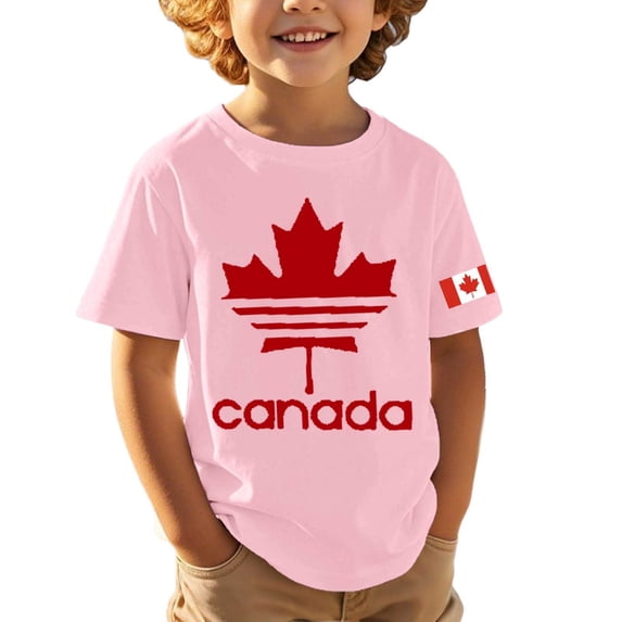 OOOUM Boys Short Sleeve T-Shirt Canadian National Day Graphic Basic Tees Active Breathable Running Shirt Top For Soccer Pink 13-14 Years