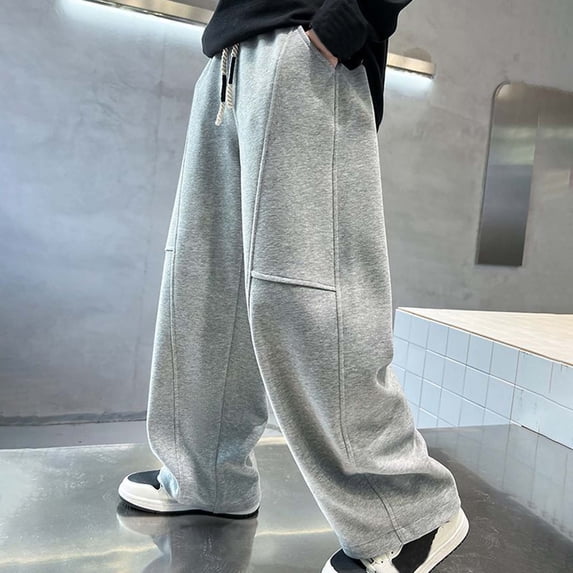 OOOUM Boys Fleece Lined Sweatpants Elastic Waist Baggy Wide Leg Pants With Pocket Soft Comfy Casual Joggers Grey 13-14 Years