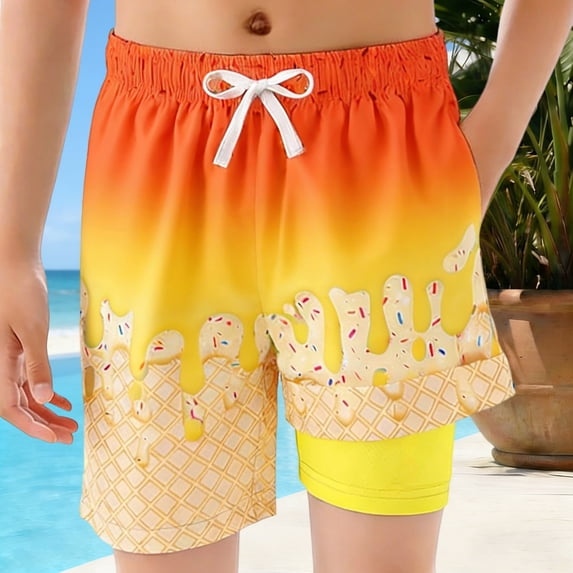 OOOUM Boys Swim Trunks Ice Ptint Drawstring Waist Swim Suit With Compression Liner Loose Bright Summer Beach Bathing Suit For Kids Orange 5-6 Years