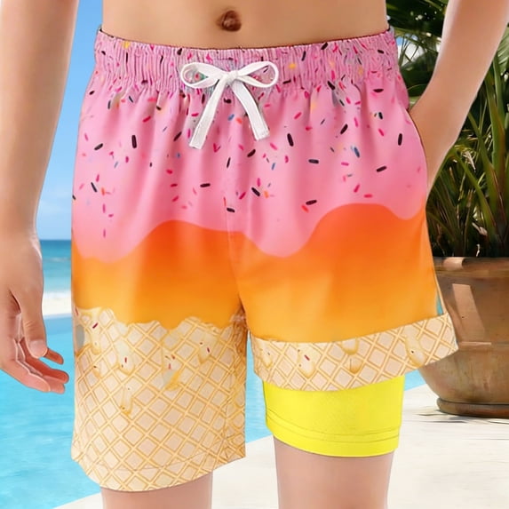 OOOUM Boys Swim Trunks Ice Ptint Drawstring Waist Swim Suit With Compression Liner Loose Bright Summer Beach Bathing Suit For Kids Pink2 7-8 Years