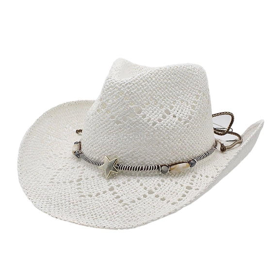 OOOUM Breathable Cowboy Hat For Men Women Western Style Star Charm Beaded Band Straw Sun Hat Festival Outdoor Vacation Western Cowgirl Hat White