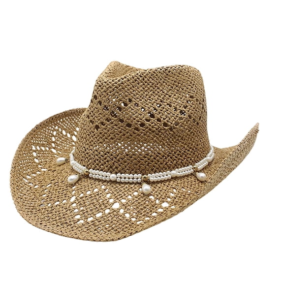OOOUM Breathable Cowboy Hat For Men Women Western Style White Beaded Strap Straw Sun Hat Festival Outdoor Vacation Western Cowgirl Hat Khaki