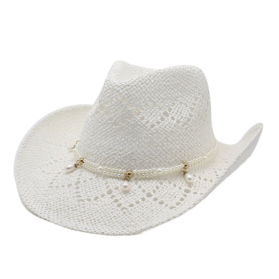 OOOUM Breathable Cowboy Hat For Men Women Western Style White Beaded Strap Straw Sun Hat Festival Outdoor Vacation Western Cowgirl Hat White
