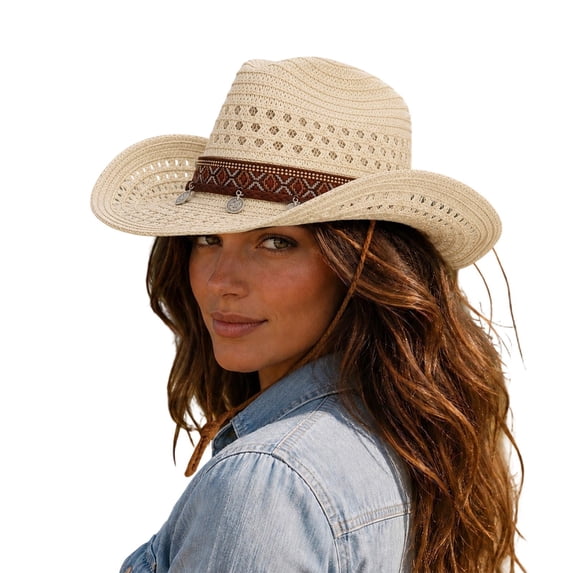 OOOUM Breathable Cowboy Hat For Men Women Woven Band Metal Charms Sun Hat Festival Outdoor Vacation Cowgirl Hat White