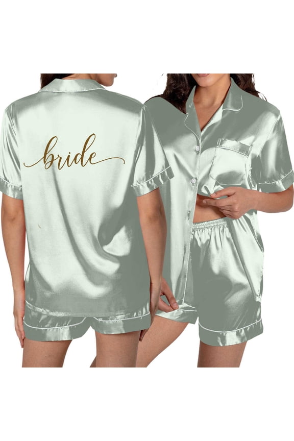 Bride Satin Pajama Set Women Short Sleeve Button Down Sleepwear With Print Bachelorette Party Wedding Loungewear Set Light Green M