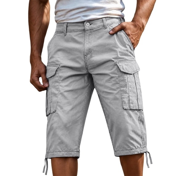 OOOUM Cargo Capri Shorts for Men High Waisted Multi Pocket Work shorts Adjustable Drawstring Hem Summer Outdoor Bottoms Light Gray XXL