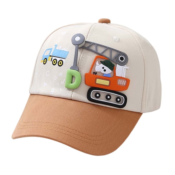 OOOUM Construction Truck Baseball Cap For Kids Cartoon Printed Color Block Sun Hat Toddler Boys Adjustable Strap Outdoor Casual Hats Khaki
