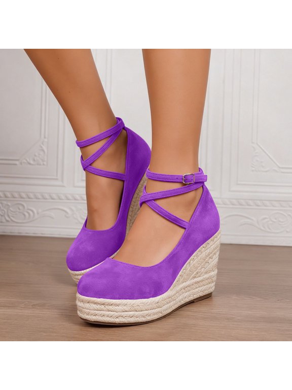 Crisscross Espadrille Wedges For Women Comfortable Cushioned Soft Platform Wedges Closed Toe Chic Trendy Casual Summer Shoes Purple US:5
