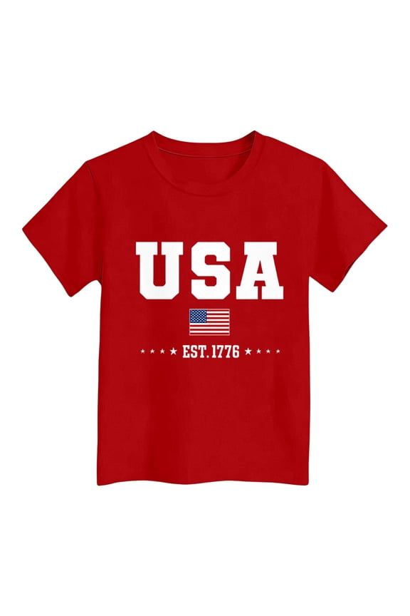 Family Matching Short Sleeve T-Shirt Set Patriotic Letter Flag Print Crewneck Casual Tees Parent-Kid Outfit Multiple Size Group Matching Tops Red 13-14 Years