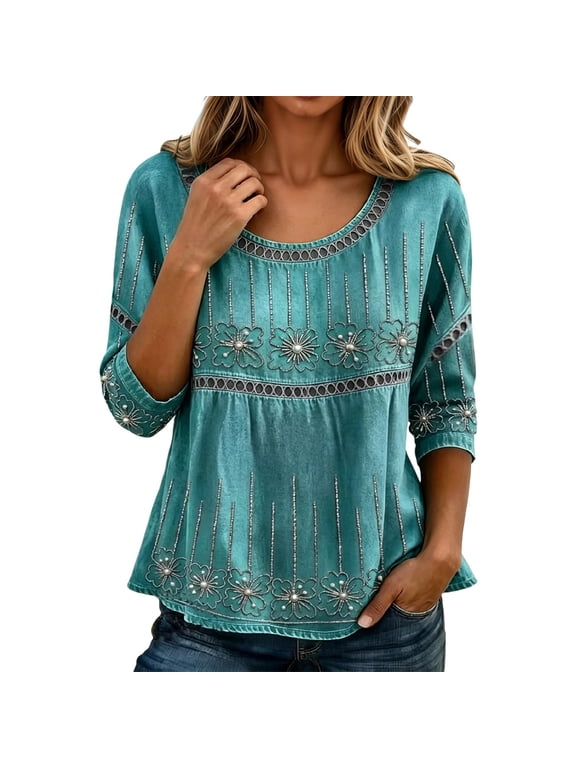 Floral Embroidered Blouse for Women Scoop Neck 3/4 Sleeve Embellished Flowy Hem Vintage Casual Top XXL