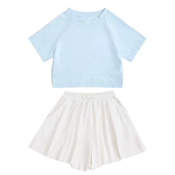 OOOUM Girls 2 Piece Athletic Outfits Raglan Short Sleeve Crop Top High Waist Pleated Flowy Skort Kids Quick Dry Tennis Running Sport Clothing Light Blue 11-12 Years
