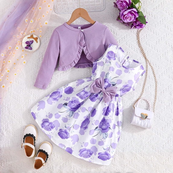 OOOUM Girls 2 Piece Dress Set Sleeveless Dresses And Long Sleeve Ruffle Cardigan Outfit Sets Kids Fall Outfits Purple 3-4 Years