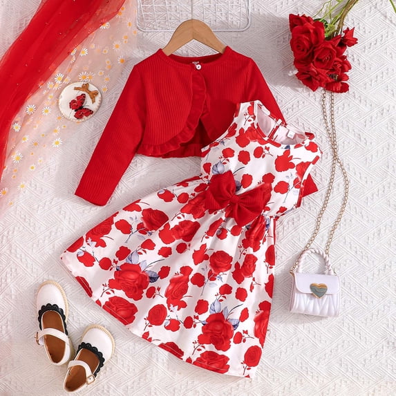 OOOUM Girls 2 Piece Dress Set Sleeveless Dresses And Long Sleeve Ruffle Cardigan Outfit Sets Kids Fall Outfits Red 3-4 Years