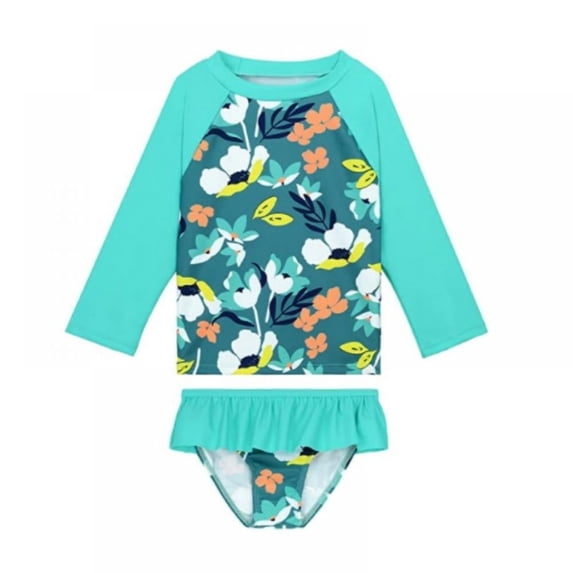 OOOUM Girls 2 Piece Long Sleeve Rash Guard Set Raglan Swimwear Matching Ruffle Edge Swim Briefs Stretch Quick Dry Upf Protection Kids Beach Swimsuit Mint Green 100=L