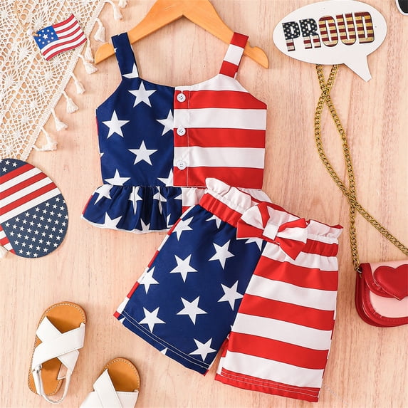OOOUM Girls 2 Piece Matching Clothing Set Independence Day Print Sleeveless Top And Shorts Ruffle Stylish And Comfortable Outfits Sets Multicolour 18-24 Months