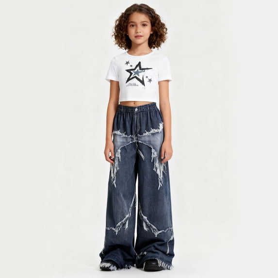 OOOUM Girls 2 Piece Matching Clothing Set Star Print Crop Top And Frayed Wide Leg Denim Pants Trendy Streetwear Outfits Sets Multicolour 7-8 Years