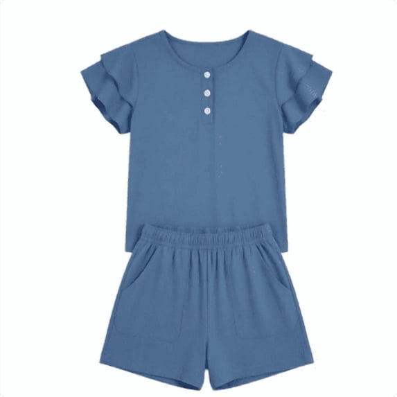 OOOUM Girls 2 Piece Outfits Sets Ruffle Short Sleeve Button Down Shirts Shorts Kids Summer Comfortable Pockets Clothing Set Blue 11-12 Years