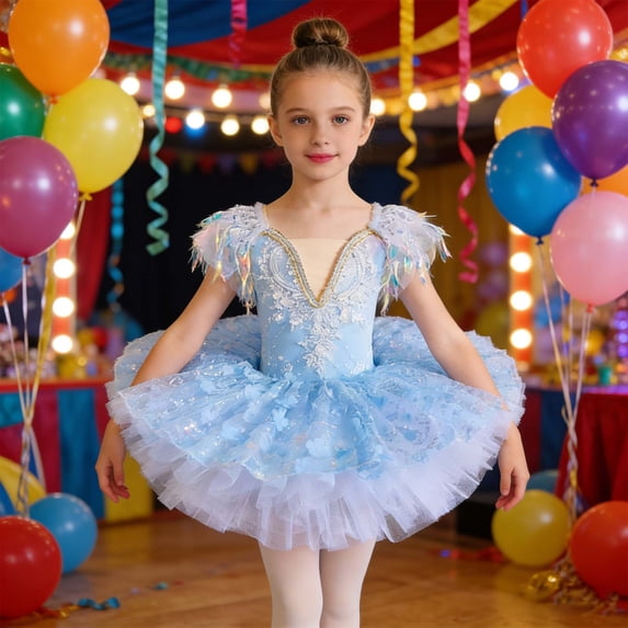 OOOUM Girls Ballet Leotards Sequin Mesh Embroidered Princess Tutu Dress Flowy Stylish Professional Dance Outfits Blue 6-7 Years
