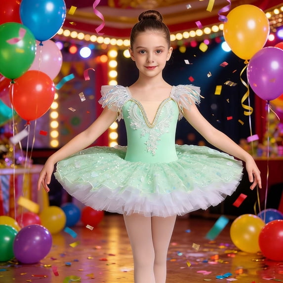 OOOUM Girls Ballet Leotards Sequin Mesh Embroidered Princess Tutu Dress Flowy Stylish Professional Dance Outfits Green 13-15 Years