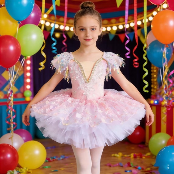 OOOUM Girls Ballet Leotards Sequin Mesh Embroidered Princess Tutu Dress Flowy Stylish Professional Dance Outfits Pink 4-5 Years