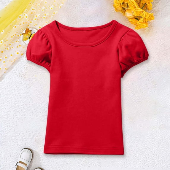 OOOUM Girls' Basic Short Puff Sleeve Round Neck Cotton T-Shirt, Soft Breathable Casual Tops for Kids Daily Wear Red 12-13 T