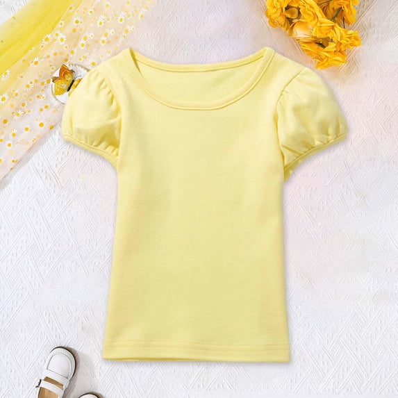 OOOUM Girls' Basic Short Puff Sleeve Round Neck Cotton T-Shirt, Soft Breathable Casual Tops for Kids Daily Wear Yellow 7-8 T