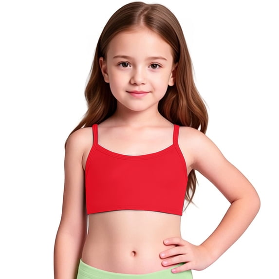 OOOUM Girls Basic Swim Bikini Top Adjustable Spaghetti Strap Solid Color Tank Top Stretch Breathable Layering Vest For Summer Beach Watermelon Red 9-10 Years
