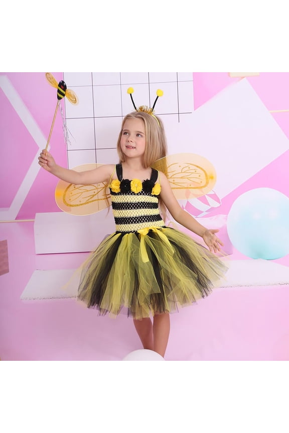 Girls Bee Style Dress Color Block Knit Tutu Dresses Sets Children Role Play Performance Summer Outfits Sets Yellow 10-12 Years