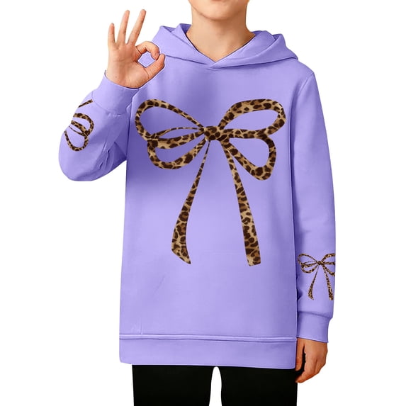 OOOUM Girls Boys Bow Leopard Print Hoodie Kids Oversized Casual Relaxed Sweatshirt Stylish Graphic Pullover Tops Purple 3-4 years