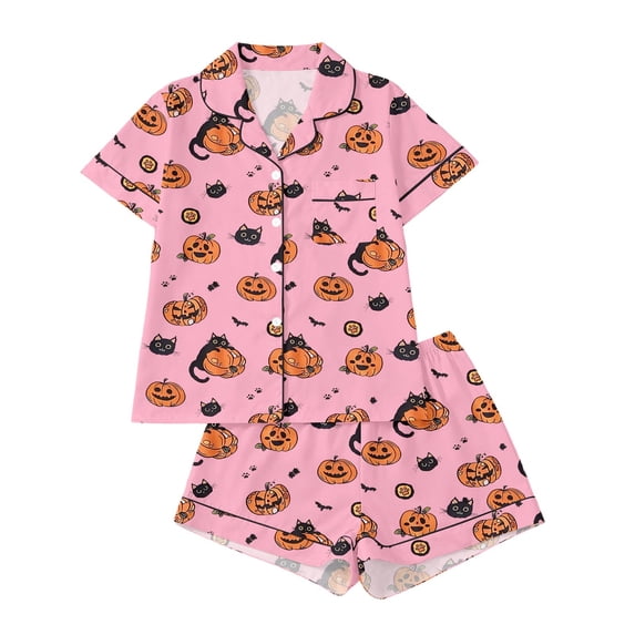 OOOUM Girls Button Down Loungewear Set Kids Short Sleeve Shorts Lounge Set Toddler Holiday Two Piece Outfits 4-5 Years