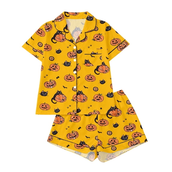 OOOUM Girls Button Down Loungewear Set Kids Short Sleeve Shorts Lounge Set Toddler Holiday Two Piece Outfits 4-5 Years