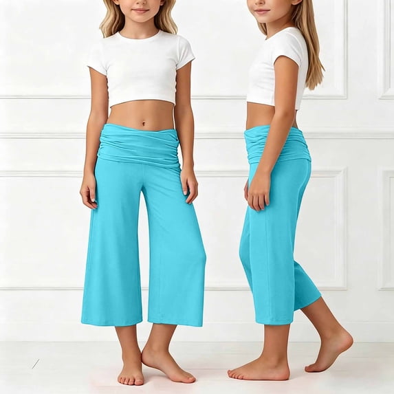 OOOUM Girls Capri Pants Elastic Waist Wide Leg Pants Stylish And Comfortable Casual Trousers For Various Sports Mint Green 9-10 Years