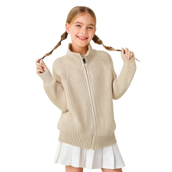 OOOUM Girls Chunky Cardigan Solid Color Ribbed Knit Zip Up Sweater Jacket Loose Long Sleeve Cardigans Beige 9-10 Years