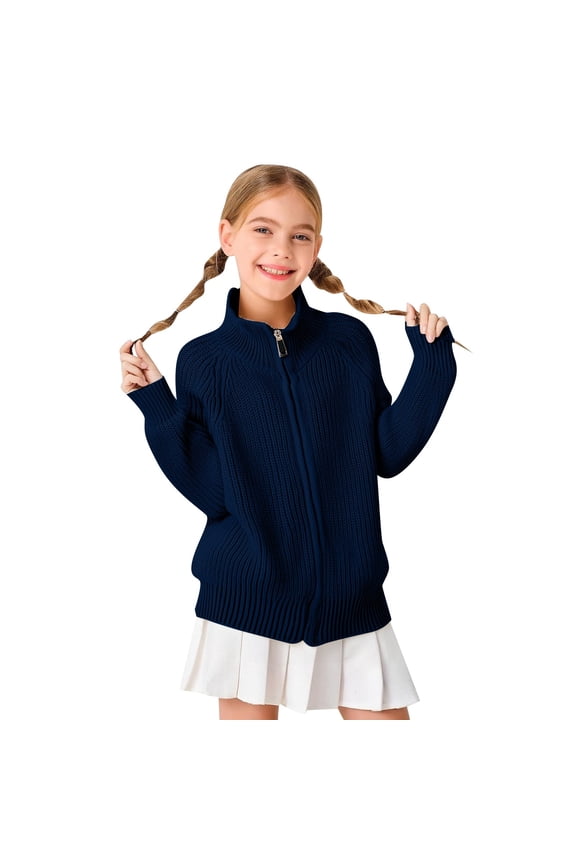 Girls Chunky Cardigan Solid Color Ribbed Knit Zip Up Sweater Jacket Loose Long Sleeve Cardigans Navy 2-3 Years