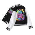 thumbnail image 1 of OOOUM Girls Color Block Varsity Jacket Striped Collar Button Down Baseball Bomber Jacket Fashion Graphic Casual Streetwear Lightweight Jacket Black 5-6 Years, 1 of 7
