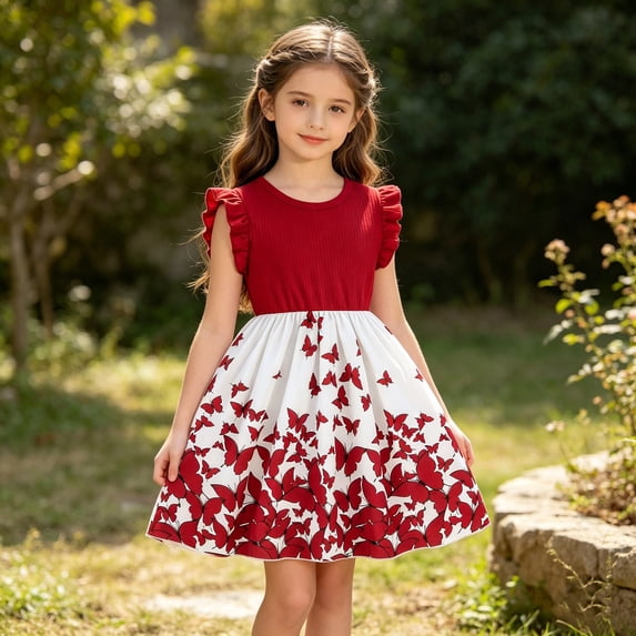 OOOUM Girls Crewneck Ruffle Sleeve Dress Color Block Butterfly Print Flared A-Line Dress Lightweight Summer Casual Sundress Red 7-8 Years