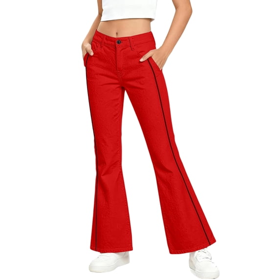 OOOUM Girls Flare Jeans Bell Bottom Denim Pants Side Stripe Button Fly Casual Trousers Elastic Waist Stretch Bottoms , 11-12 Years