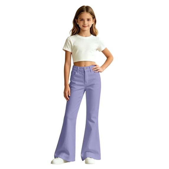 OOOUM Girls Flare Pants High Waisted Bell Bottom Trousers Solid Casual Pants with Pockets , 13-14 Years