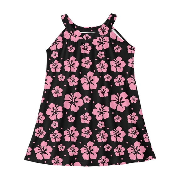 OOOUM Girls Floral Print Sundress Sleeveless Spaghetti Strap Swing Dress Crewneck Loose Summer Beach Casual Dress Black 11-12 Years