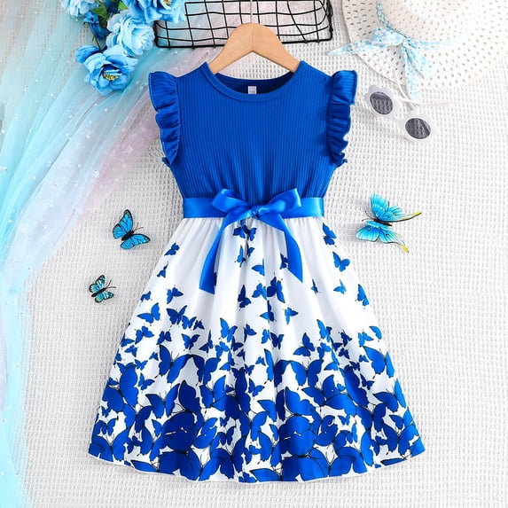 OOOUM Girls Flowers Bowknot Dresses Set Ruffle Sleeves Crewneck A Line Dress With Belt Matching Sets Girls Summer Outfits Sets Summer Outfits Blue 7-8 Years