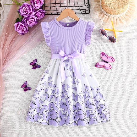 OOOUM Girls Flowers Bowknot Dresses Set Ruffle Sleeves Crewneck A Line Dress With Belt Matching Sets Girls Summer Outfits Sets Summer Outfits Purple 6-7 Years