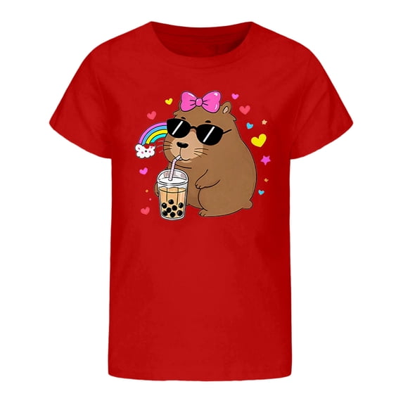 OOOUM Girls Fun Cartoon Animal Print Tee Relaxed Basic T Shirt Sweet Cool Summer Daily Top,7-8 Years