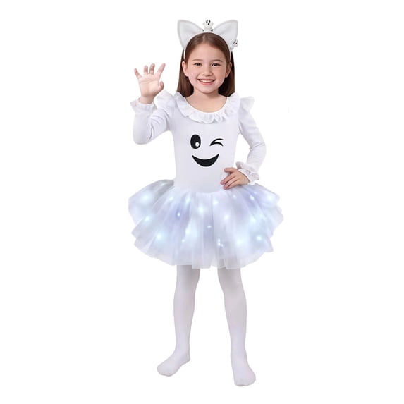 OOOUM Girls Ghost Tutu Outfits Kids Light Up Dress Set Toddler Ruffle Sleeve Party Wear With Ears 5-6 Years