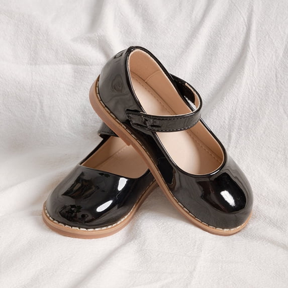 OOOUM Girls Glossy Patent Leather Mary Jane Shoes Round Toe Non Rubber Sole Dress Shoes Cute Stylish Party Wedding Flats Black US:9/2.5-3 Years