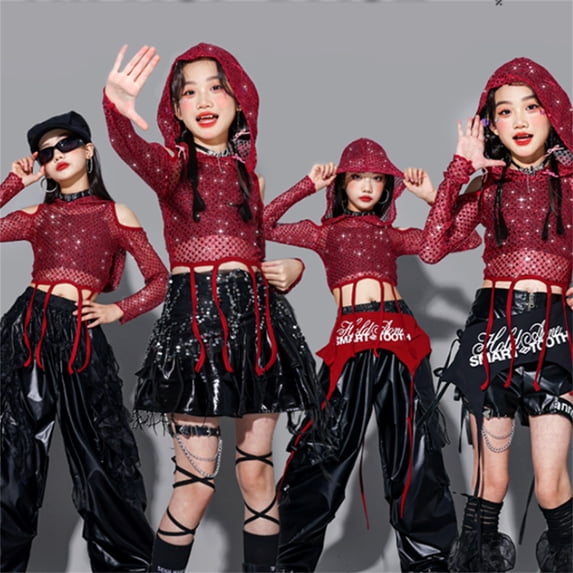 OOOUM Girls Hoodie Shirts With Sequin Off Shoulder Long Sleeve Dance Tops Fashionable Mesh Tee Shirts For Performance Red 9-10 Years