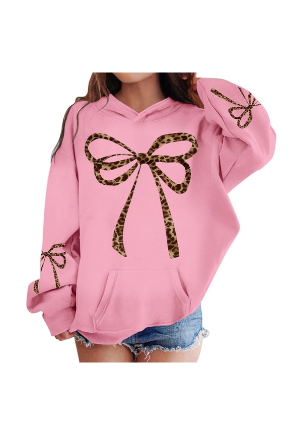 Girls Leopard Bow Print Hooded Sweatshirt Long Sleeve Bow Hood Soft Fleece Pullover Kids Cute Casual Front Pocket Hoodies Pink 10 years-11 years
